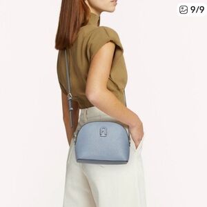 FURLA Atena Gray Dome Logo Pebbled Leather XL Crossbody